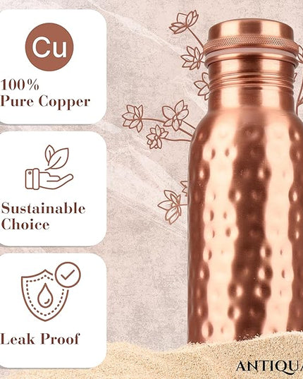 34 Oz Pure Copper Water Bottle Set – Leak-Proof Hammered Design with Tumbler, Carrying Bag & Smooth Finish Decorative – Copper Home Decore