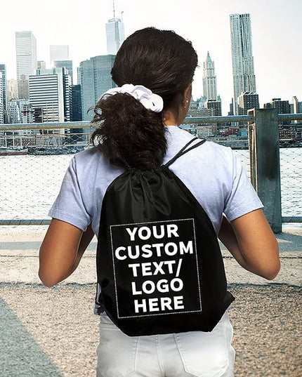 DISCOUNT PROMOS Custom Classic Polyester Drawstring Bagpack Set of 10/50/100, Personalized Bulk Pack - Great for Travelling, Gym and for Everyday Use - Black