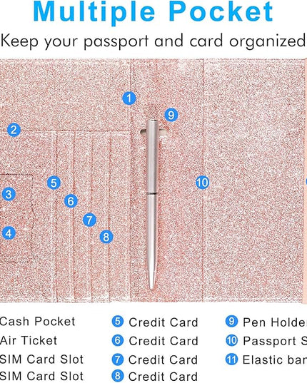 ACdream Passport Holder Cover, Leather Travel Wallet Case, RFID Blocking Document Organizer Protecrtor, with Slots for Credit Cards, Boarding Pass, for Women and Men, Glitter Rose Gold