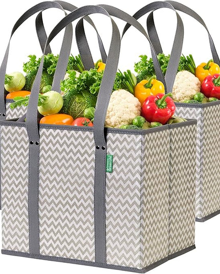 Reusable Grocery Bags (3 Pack) – Heavy Duty Reusable Shopping Bags with Box Shape to Stand Up and Stay Open – Large Tote Bags with Long Handles & Reinforced Bottom – Foldable Utility Bag – Chevron