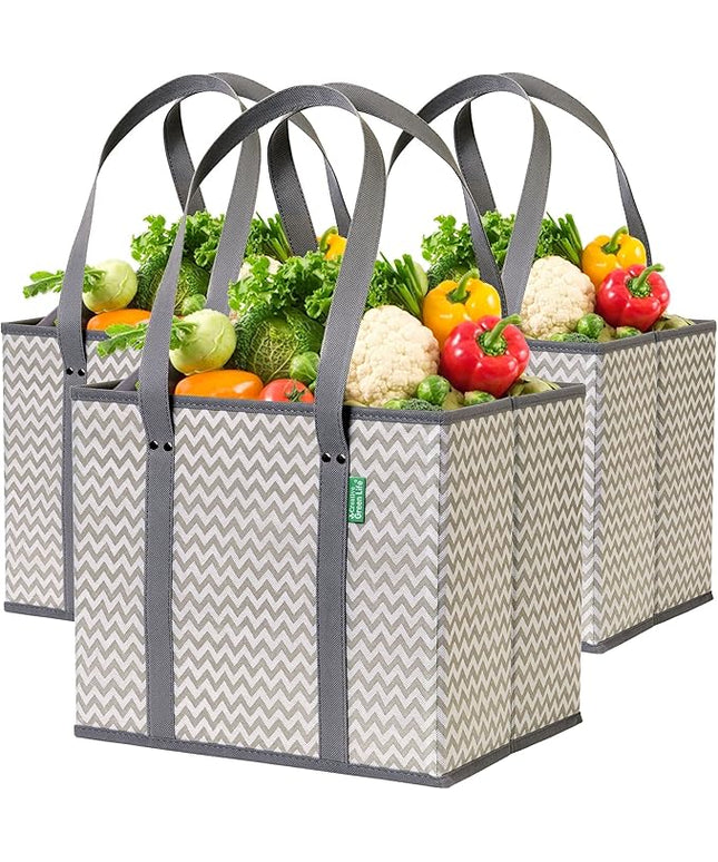 Reusable Grocery Bags (3 Pack) – Heavy Duty Reusable Shopping Bags with Box Shape to Stand Up and Stay Open – Large Tote Bags with Long Handles & Reinforced Bottom – Foldable Utility Bag – Chevron