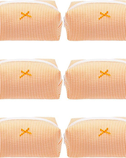 PAZIMIIK 6PCS Cozy Makeup Bag Small Aesthetic Travel Zipper Cosmetic Pouch for Women Make Up Beauty Accessories Brushes, Stripe Orange