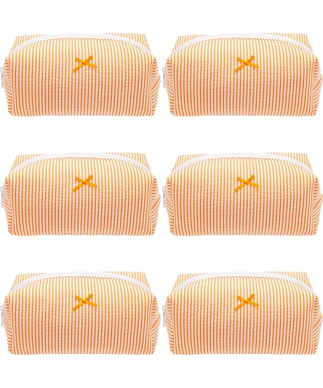 PAZIMIIK 6PCS Cozy Makeup Bag Small Aesthetic Travel Zipper Cosmetic Pouch for Women Make Up Beauty Accessories Brushes, Stripe Orange