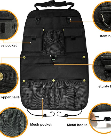 Car Seat Back Organizer with Multiple Storage Pockets, Black Mesh and Fabric, Universal Fit
