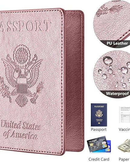 Passport and Vaccine Card Holder Combo, Passport Cover with Vaccine Card Slot, Wallet, Passport Case Holder for Women and Men（AE-Rose gold