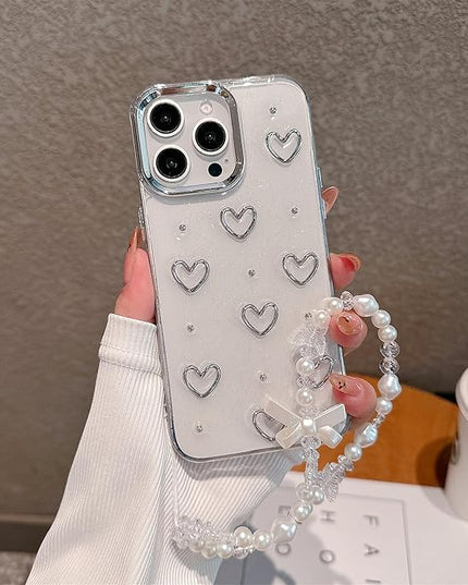 for iPhone 16 Pro Case, [Premium 3D Silver Love Heart Pattern] [Transparent Creative Case] [2-in-1 Beaded Wrist Strap] Soft TPU Shockproof for Women and Girl