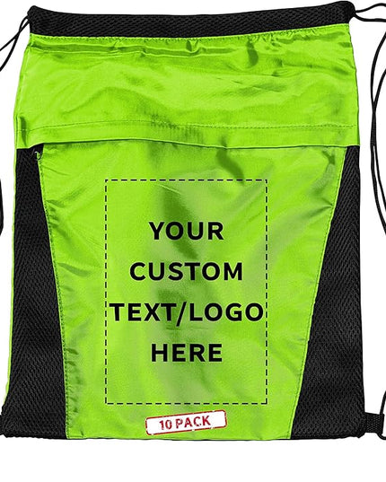 DISCOUNT PROMOS 10 Mesh Accent Drawstring Backpacks Set - Customizable Text, Logo - Two Tone, Front Pocket, Side Mesh - Lime Green
