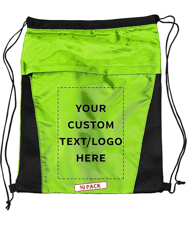 DISCOUNT PROMOS 10 Mesh Accent Drawstring Backpacks Set - Customizable Text, Logo - Two Tone, Front Pocket, Side Mesh - Lime Green