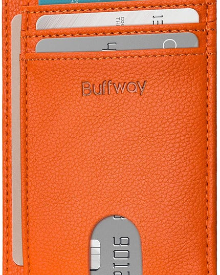 Buffway Slim Minimalist Front Pocket RFID Blocking Leather Wallets for Men and Women - Lichee Orange