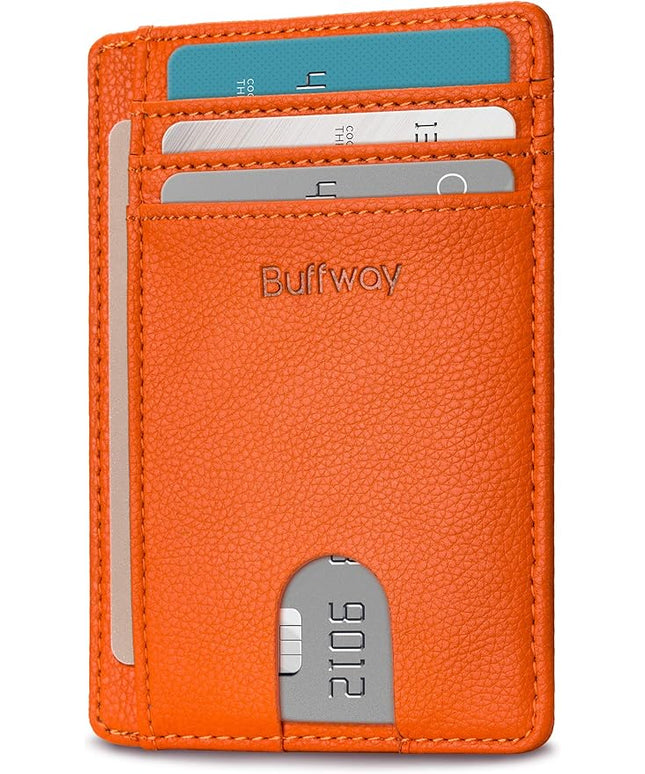 Buffway Slim Minimalist Front Pocket RFID Blocking Leather Wallets for Men and Women - Lichee Orange