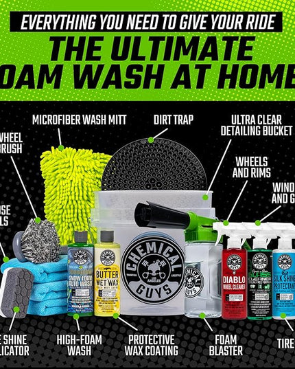 Chemical Guys Car Wash Kit 14-Pc Arsenal Builder - with Foam Blaster, Wash Bucket, Towels, Applicators, and 16 oz Soaps, Waxes, and Cleaners - Complete Car Detailing Gift Set, Works with Garden Hose