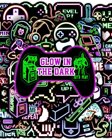 75 Pcs Glow in The Dark Neon Gamer Gamepad Kids Stickers, Game Controller Joystick Video Gaming Sticker for Water Bottle, Waterproof Decals for Teens Girls Boys Students Adults