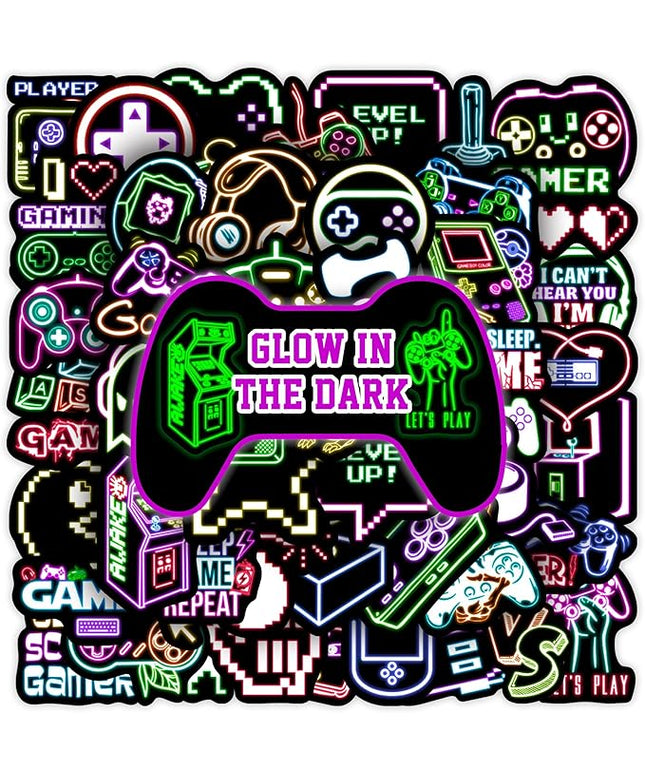 75 Pcs Glow in The Dark Neon Gamer Gamepad Kids Stickers, Game Controller Joystick Video Gaming Sticker for Water Bottle, Waterproof Decals for Teens Girls Boys Students Adults