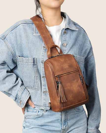 FADEON Sling Bag for Women, Crossbody Backpack with Tassels, Designer Leather Shoulder Chest Bags for Travel