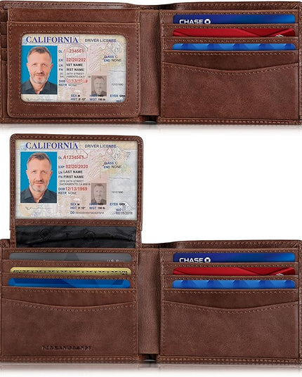 SERMAN BRANDS 2 ID Window Wallet for Men RFID Blocking Leather, Bifold Top Flip, Extra Capacity Travel Wallet