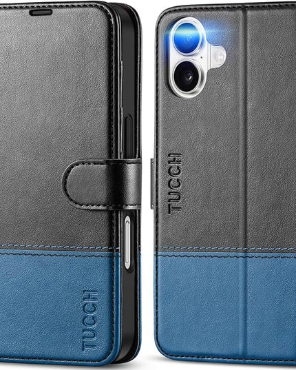 TUCCH Case Wallet for iPhone 16, Protective [TPU Shockproof Inner Shell], PU Leather [RFID Blocking] [4 Card Holder] Magnetic Closure Stand Cover Compatible with iPhone 16, Black&Light Blue