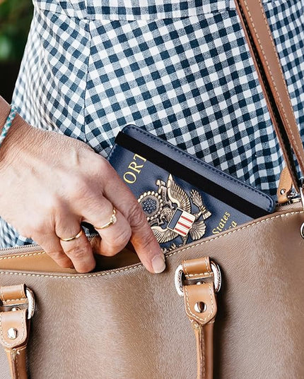 TOURSUIT RFID Blocking Passport Holder for Women Men, Leather Passport Travel Wallet with Metal 3D Metal Badge, Travel Document Holder Cover Accessories (Dark Blue)