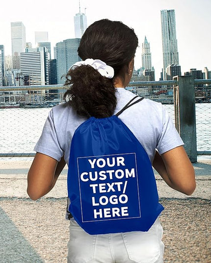 DISCOUNT PROMOS Custom Classic Polyester Drawstring Bagpack Set of 10/50/100, Personalized Bulk Pack - Great for Travelling, Gym and for Everyday Use - Royal Blue