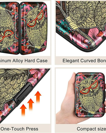 ELFISH Mini RFID Aluminum Wallet Credit Cards Holder Business Card Case Metal ID Case for Men Women(Cute Owl)