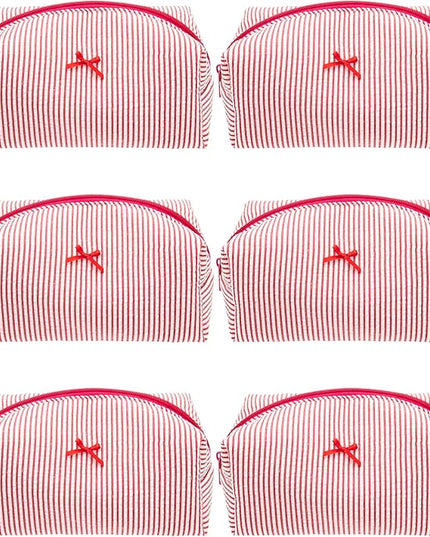 PAZIMIIK 6PCS Cozy Makeup Bag Small Aesthetic Travel Zipper Cosmetic Pouch for Women Make Up Beauty Accessories Brushes, Stripe Red