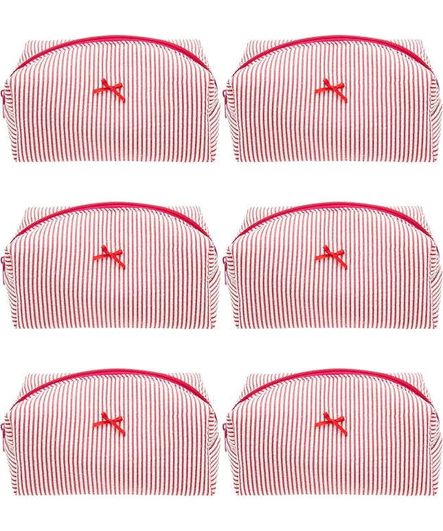 PAZIMIIK 6PCS Cozy Makeup Bag Small Aesthetic Travel Zipper Cosmetic Pouch for Women Make Up Beauty Accessories Brushes, Stripe Red