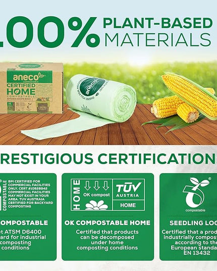 ANECO 100% Compostable Food Waste Bags 2.6 Gallon With Handles, Small Compost Bags for Countertop Bin, OK Compost HOME & BPI Certified Compostable Kitchen Food Waste Bag (45 Count)