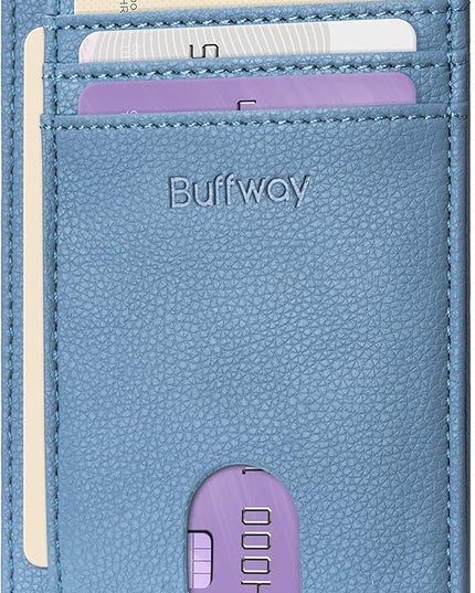 Buffway Slim Minimalist Front Pocket RFID Blocking Leather Wallets for Men and Women - Lichee Blue Grey