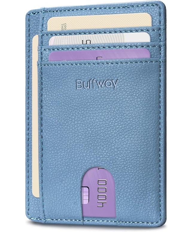 Buffway Slim Minimalist Front Pocket RFID Blocking Leather Wallets for Men and Women - Lichee Blue Grey