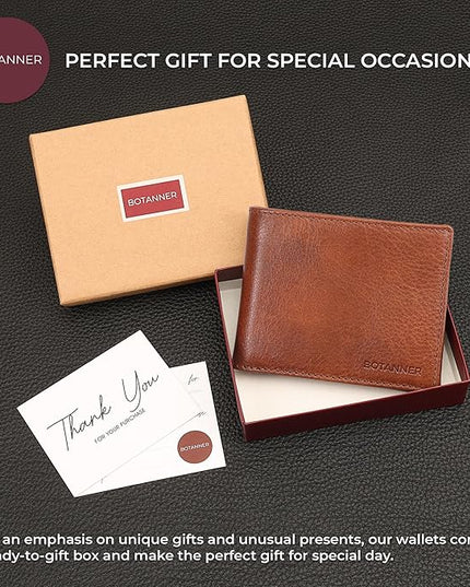 BOTANNER Genuine Leather Men’s Bifold Wallet | RFID Blocking, 8 Card Slots, 2 Bill Sections & 2 Extra Slots | Coffee brown