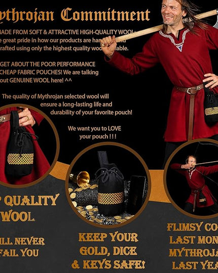 Mythrojan Drawstring Belt Pouch Medieval Woolen Pouch Coin Bag Renaissance Cosplay Costume Accessories for Medieval Events, Reenactments, Renfair - Black, 8" x 6.5"