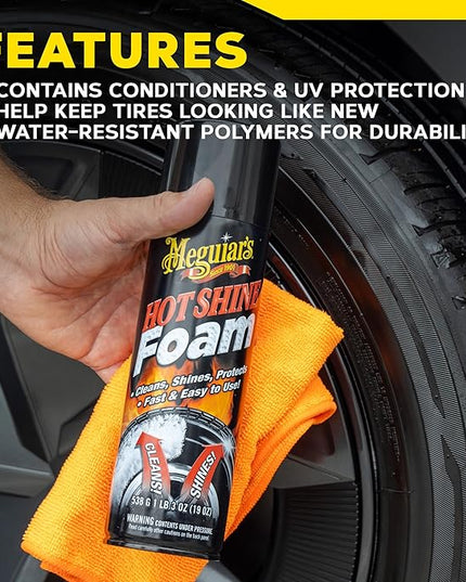 Meguiar's Hot Shine Tire Foam, High Gloss Tire Shine That Cleans, Shines, and Protects in One Step, Deep, Black Shine with Conditioners and UV Protection, Best Gifts for Car Lovers, 19 Oz Aerosol