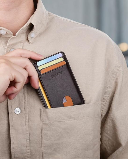 Buffway Slim Minimalist Front Pocket RFID Blocking Leather Wallets for Men and Women - Pebble Brown
