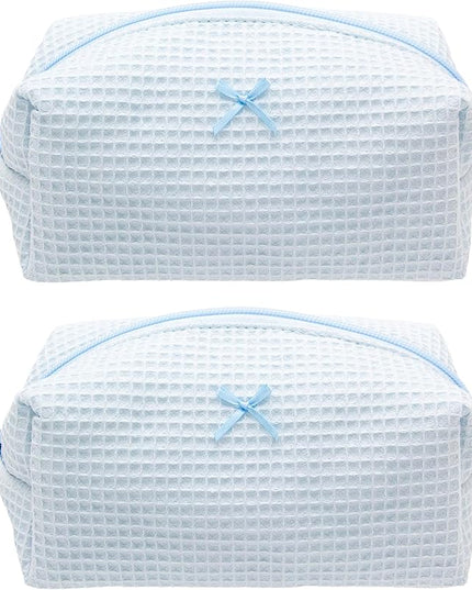 PAZIMIIK 2PCS Cozy Makeup Bag Travel Cosmetic Bag for Women Soft Toiletry Bag Aesthetic Makeup Organizer Portable Large Zipper Pouch for Skincare Beauty Accessories Brushes Waffle Check Blue
