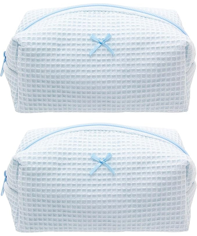 PAZIMIIK 2PCS Cozy Makeup Bag Travel Cosmetic Bag for Women Soft Toiletry Bag Aesthetic Makeup Organizer Portable Large Zipper Pouch for Skincare Beauty Accessories Brushes Waffle Check Blue