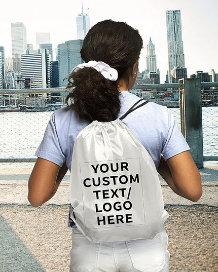 DISCOUNT PROMOS Custom Classic Polyester Drawstring Bagpack Set of 10/50/100, Personalized Bulk Pack - Great for Travelling, Gym and for Everyday Use - White