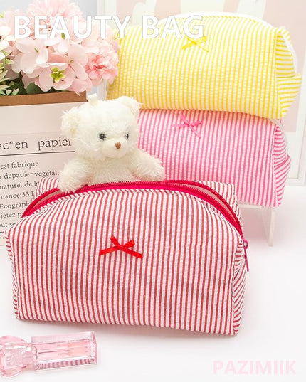 PAZIMIIK Cozy Makeup Bag Small Aesthetic Travel Zipper Cosmetic Pouch for Women Make Up Beauty Accessories Brushes, Stripe Red
