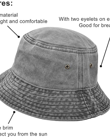 Bucket Hat, Wide Brim Washed Denim Cotton Outdoor Sun Hat Flat Top Cap for Fishing Hiking Beach Sports