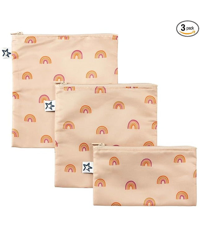 Tiny Twinkle Reusable Snack Bags for Kids – 3 Pack Snack Pouches & Sandwich Bag for Toddlers – Machine Washable, Mess-Proof for Lunch & Travel (Boho Rainbow)