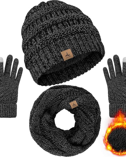 Winter Beanie Hat Scarf Gloves, Warm Fleece Knit Hats Touch Screen Gloves Neck Scarf Set Winter Gifts for Unisex Adult