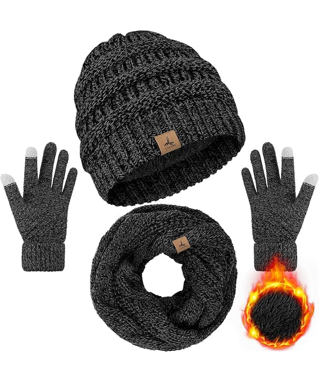 Winter Beanie Hat Scarf Gloves, Warm Fleece Knit Hats Touch Screen Gloves Neck Scarf Set Winter Gifts for Unisex Adult