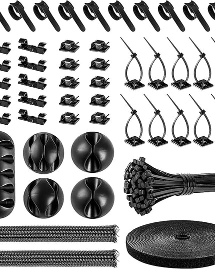 Cable Management Organizer Kit 2 Cable Sleeve Split with 41Self Adhesive Cable Clips Holder, 10pcs and 2 Roll Self Adhesive tie and 100 Fastening Cable Ties for TV Office Home Electronics etc