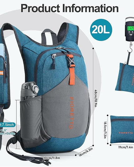 FIORETTO 20L Hiking Backpack for Women Men Mini Packable Backpack Lightweight Small Daypack for Camping Travel Outdoor, Turquoise