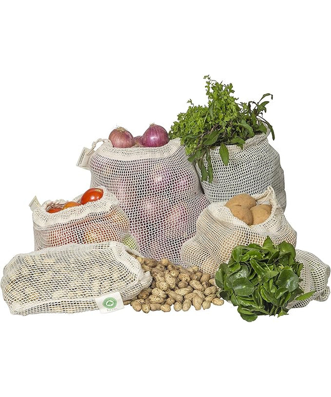 Reusable Mesh Vegetable Bags of 100% Organic Cotton - 6 Pieces Perfect Net Produce Bags - Eco-friendly, Bio-degradable & Washable Fruit, Vegetable & Produce Bags (3 Medium, 3 Small)