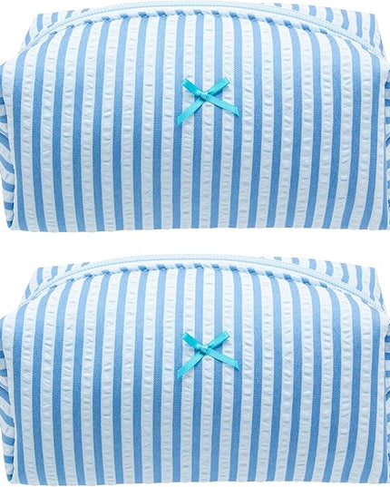 PAZIMIIK 2PCS Cozy Makeup Bag Small Aesthetic Travel Zipper Cosmetic Pouch for Women Make Up Beauty Accessories Brushes, Stripe Lake Blue