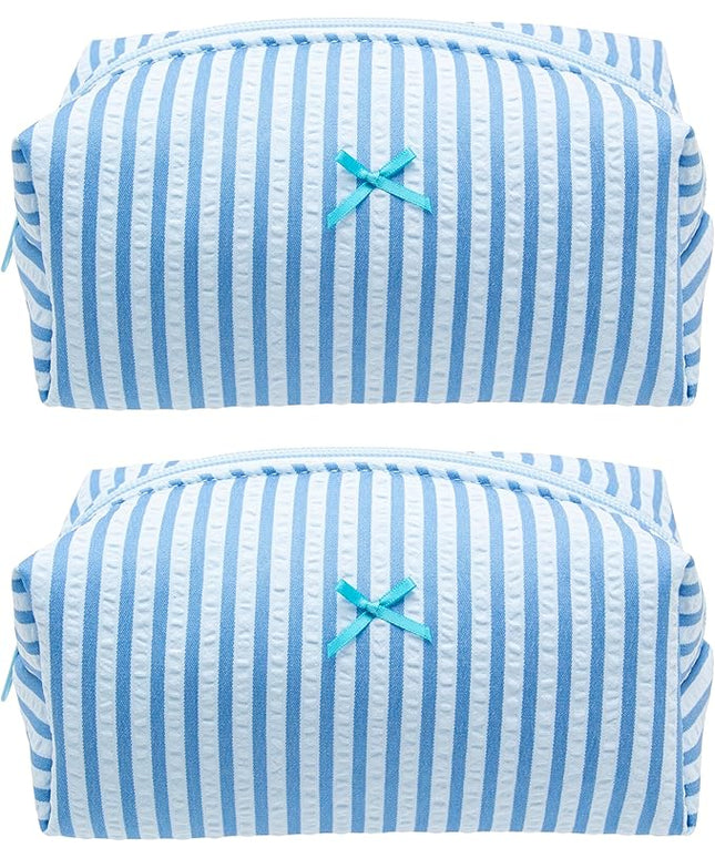 PAZIMIIK 2PCS Cozy Makeup Bag Small Aesthetic Travel Zipper Cosmetic Pouch for Women Make Up Beauty Accessories Brushes, Stripe Lake Blue