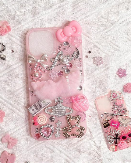 Sutesloly Junk Case Charms Kit, Pink y2k Glitter Phone Case Charm with Storage Box, Kawaii DIY Accessories for Bags, Shoes, Crafts,Cute Bow,Resin Flat Bottomed Drill,Star Letters,Butterfly