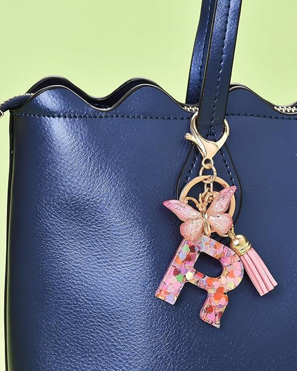 Fashion Alphabet Initial Letter Keychain Tassel Butterfly Pendant Key Ring for Purse Handbags Women Girl
