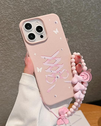 Elegant Lovely Bow Phone Case for iPhone 11 Pro Max, Stylish Ballet Ribbon Girly Cover with Wrist Strap, Aesthetic Soft Pink Tone, Designed for Women and Girls
