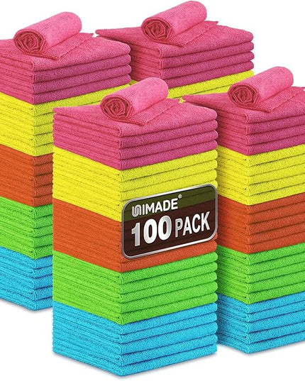 Microfiber Cleaning Cloth, 100PK Commercial Grade Work Rags Microfiber Towels for Cars Cleaning Rags Bulk Detailing Cloth for Automotive Bar Mechanic Restaurant Garage, 11.5"x11.5", Multicolor
