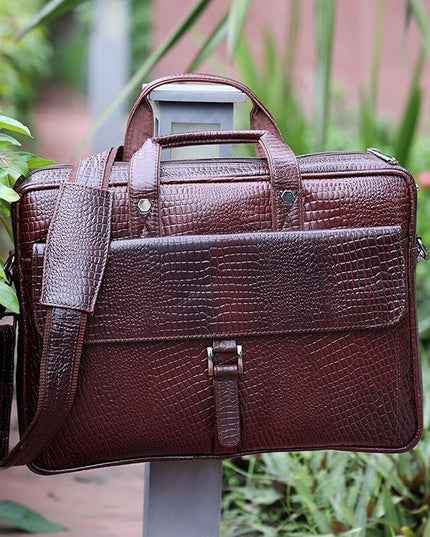 Crocodile Embossed leather bag for men, 5 Zipper Pockets with Spacious Compartments.,12 x 16 x 4 inches.